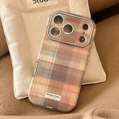 Korean Grid Pattern Cloth Texture Plating Phone Case With Stars Strap For iPhone