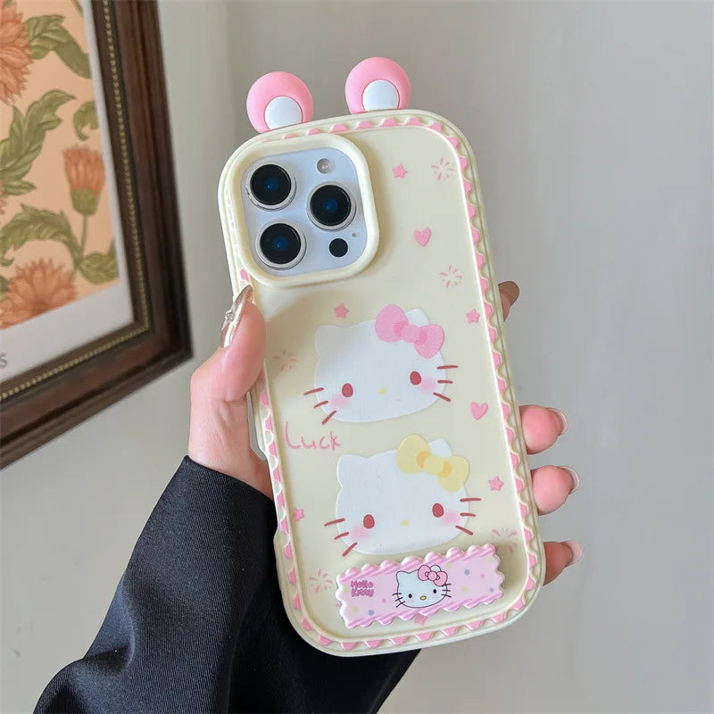 3D Ears Cute Cartoon Hello Kitty Invisible Bracket Phone Case For iPhone