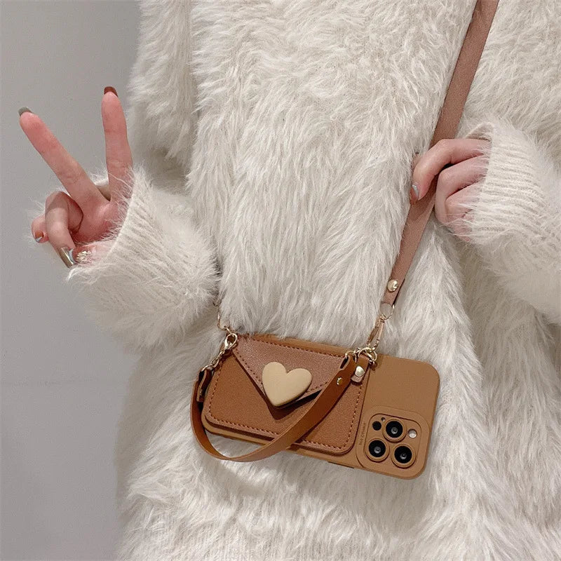 Heart Card Holder Crossbody Lanyard Leather Texture Phone Case For iPhone