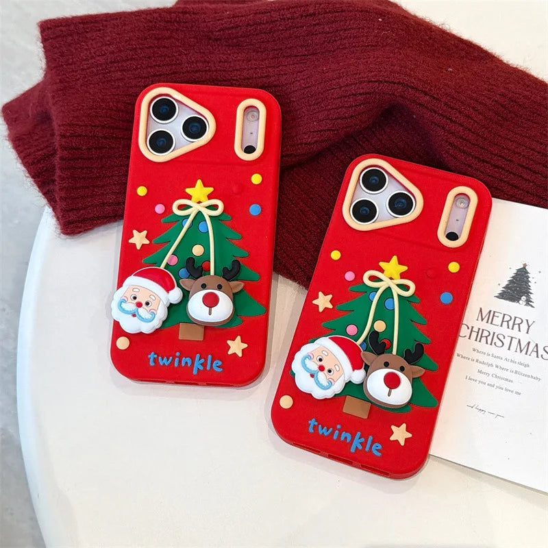 Cartoon Santa Claus Elk Bow Pendant Christmas Tree Silicone Soft Phone Case For iPhone