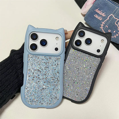 Cute 3D Cat Ear Solid Color Drop Glue Glitter Sequins Phone Case For iPhone